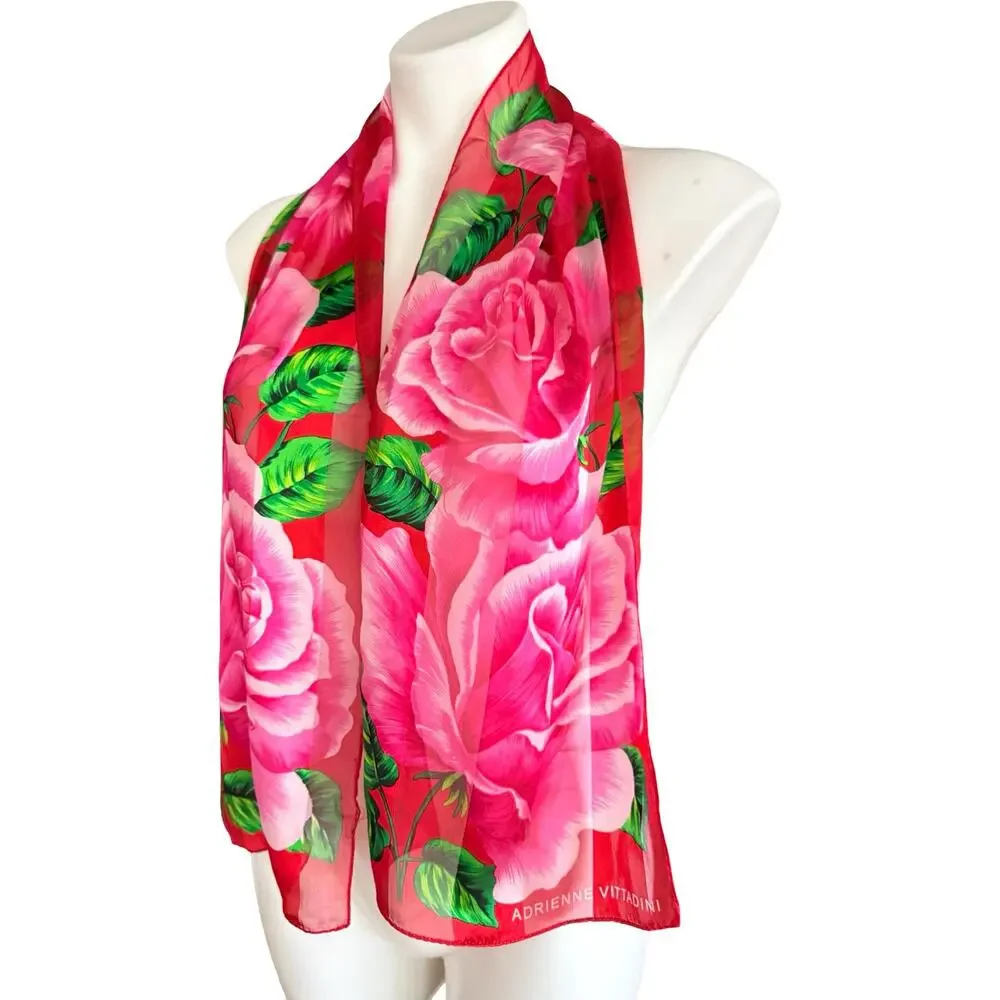 Vintage Adrienne Vittadini Silk Chiffon Scarf 1990s Rink Red Rose Floral 10x52